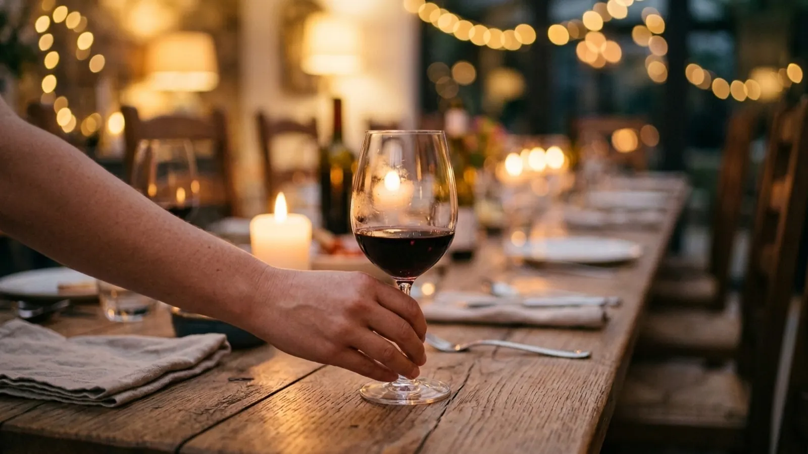 A hand setting down a glass of red wine on a candlelit dinner table