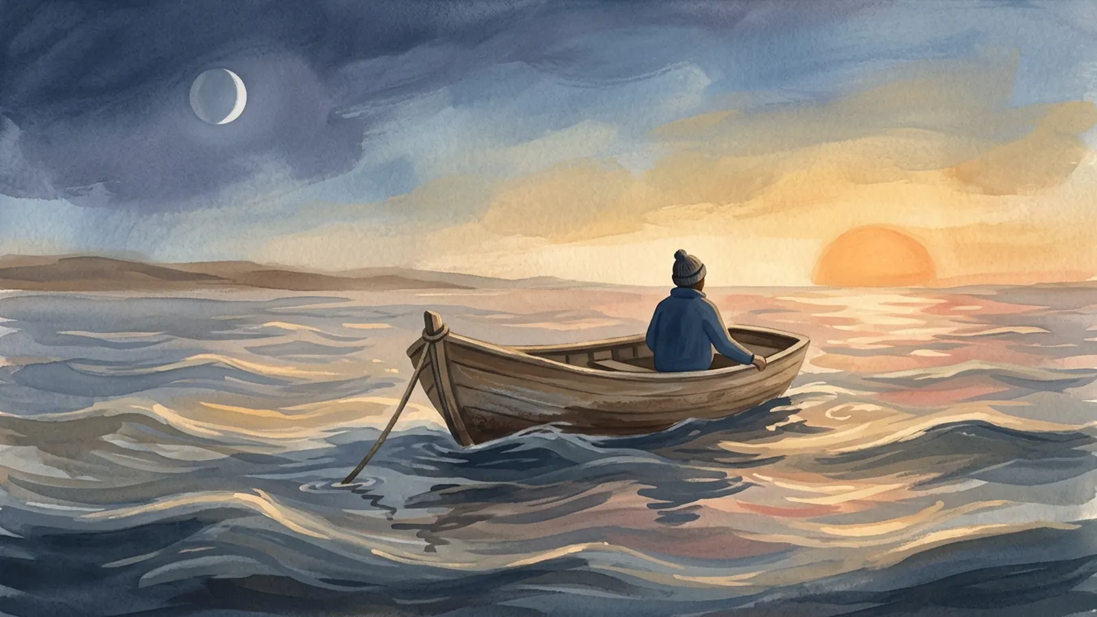 Painting of a small rowboat held by its anchor on rolling waves at sunset, the moon already up