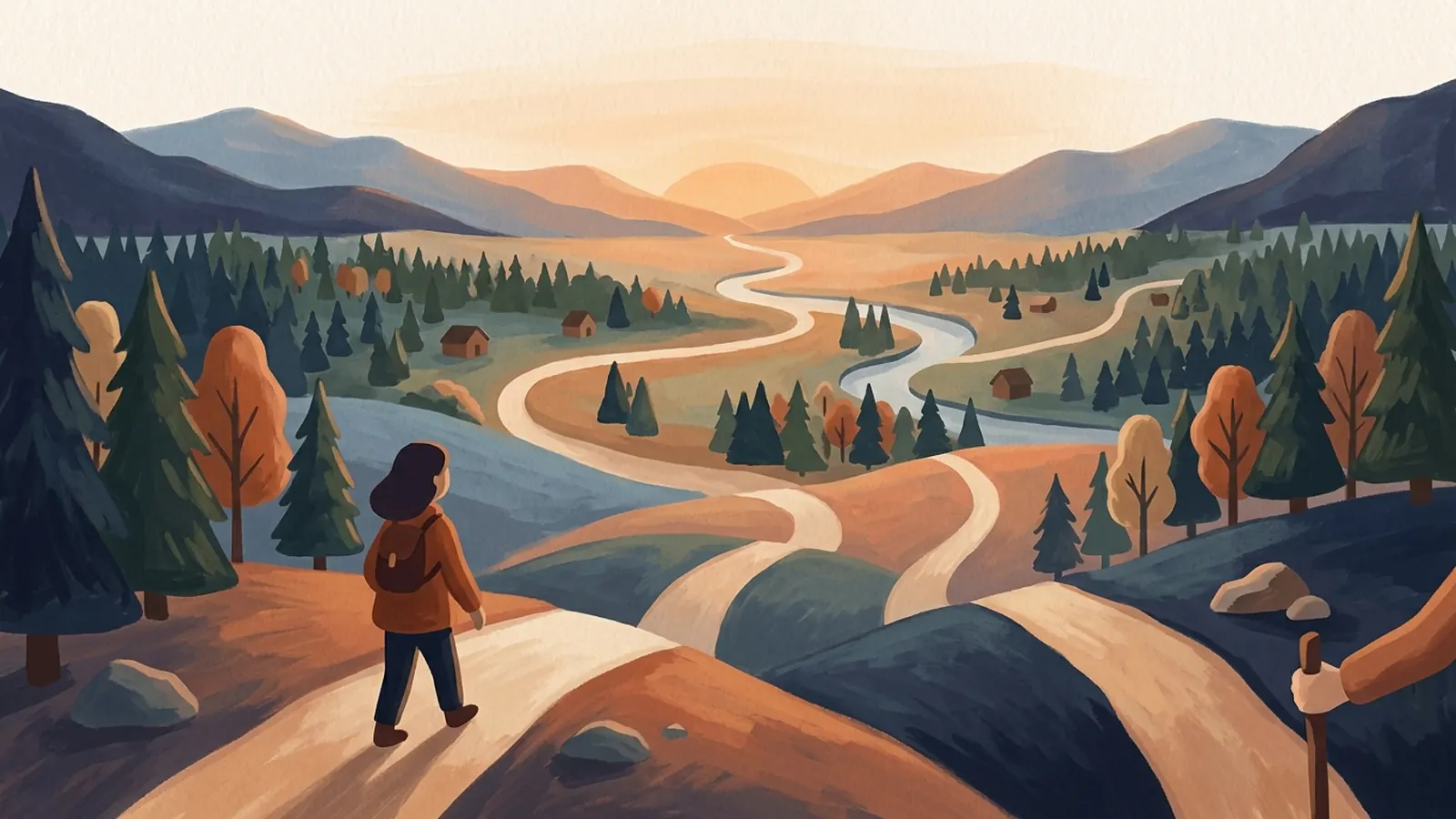 Painting of winding paths through Canadian forest and hills toward a sunrise, a walker seen from behind