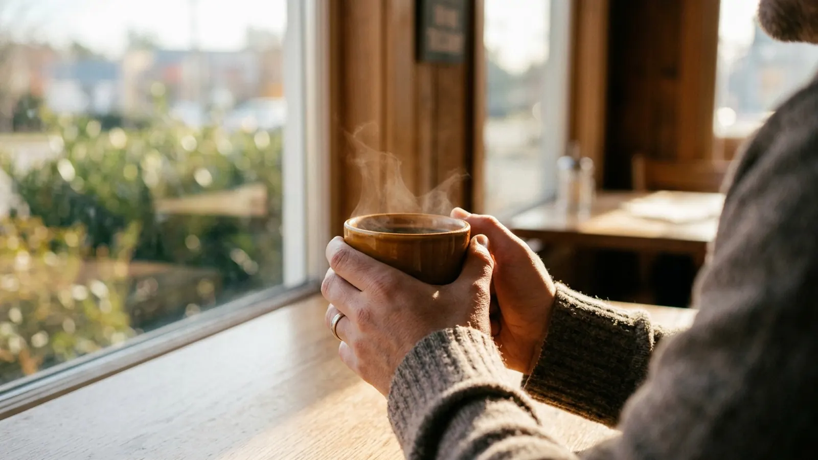 Two hands holding a steaming cup of coffee at a sunny window in the afternoon