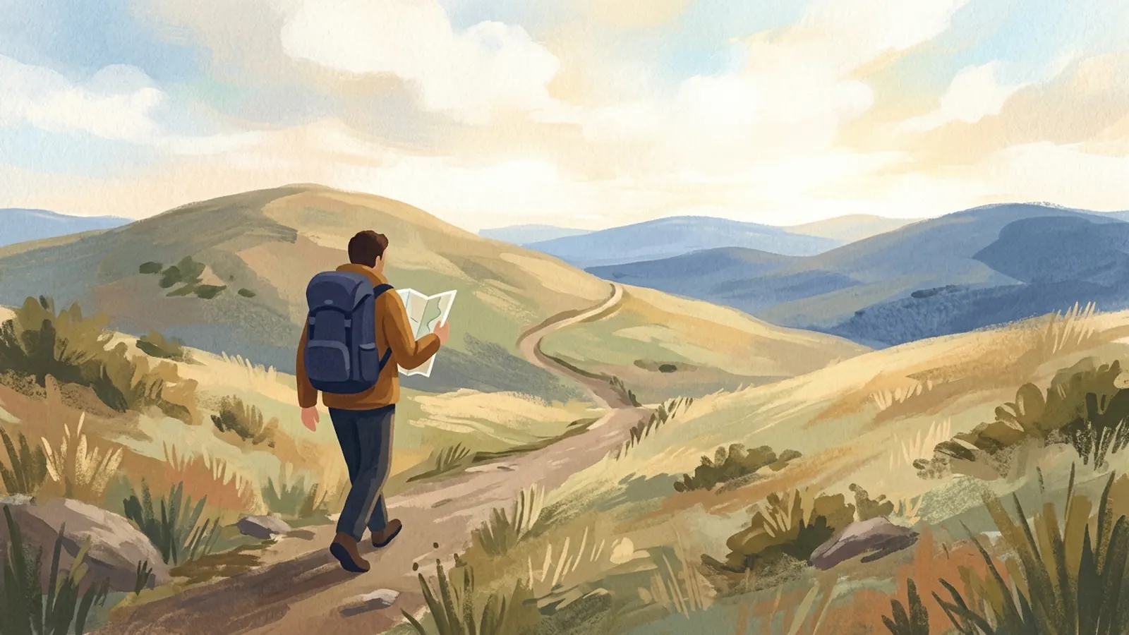 Painting of a hiker with a backpack and a map walking a trail through green hills