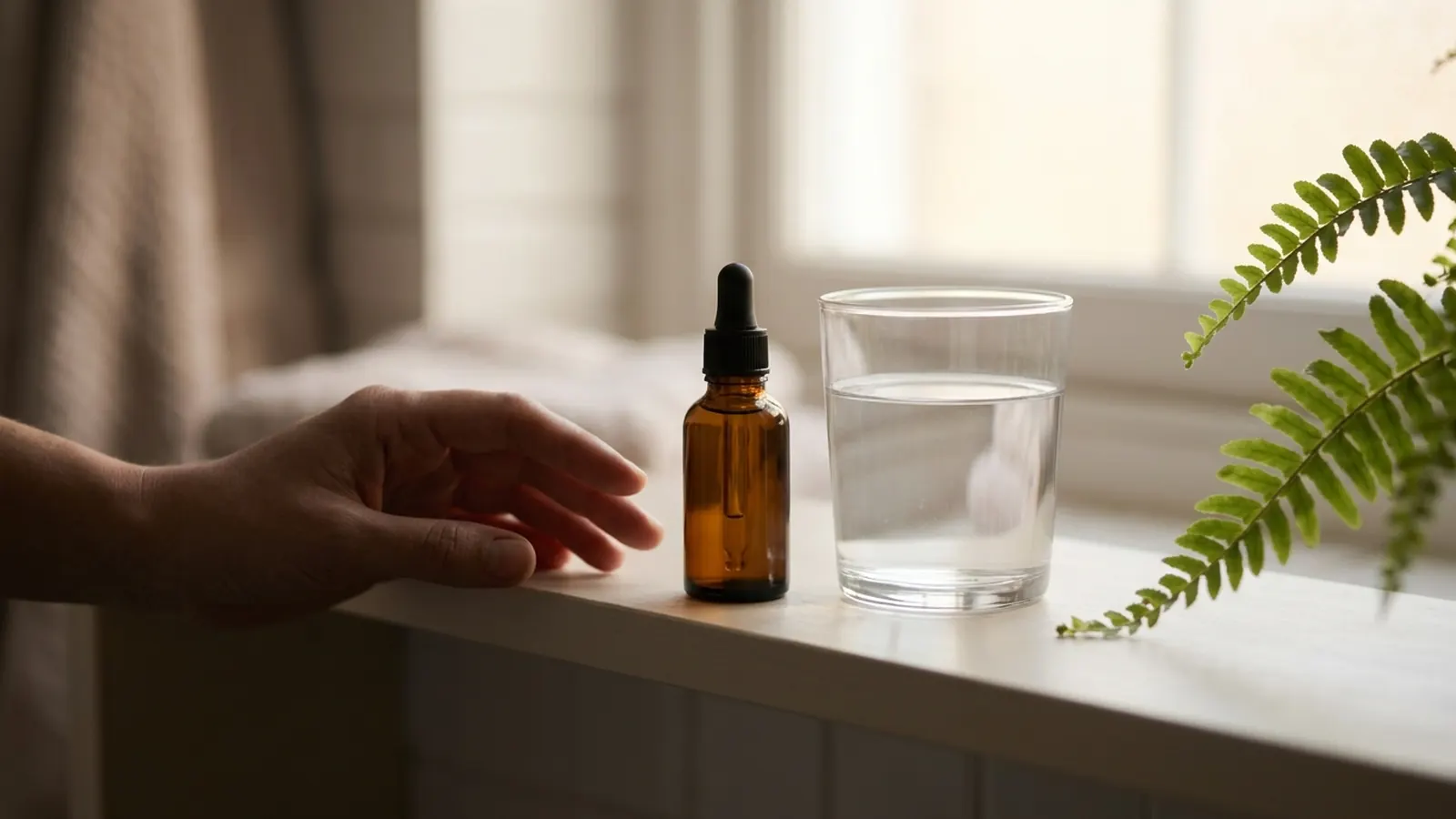A hand reaching toward a small unlabelled amber dropper bottle beside a glass of water on a windowsill in soft morning light, a fern at the edge