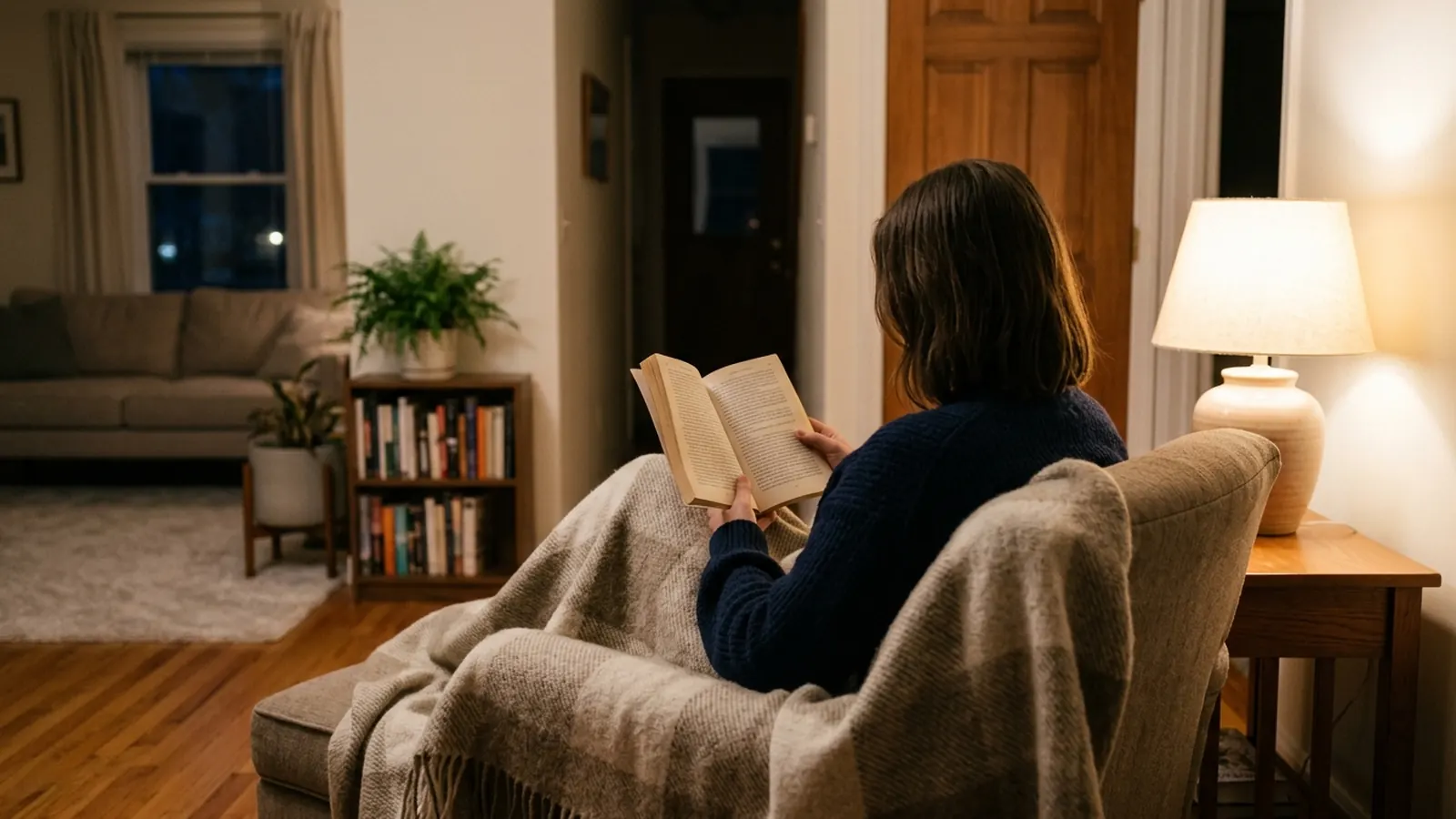 A person seen from behind, wrapped in a blanket, reading by lamplight in a living room at night