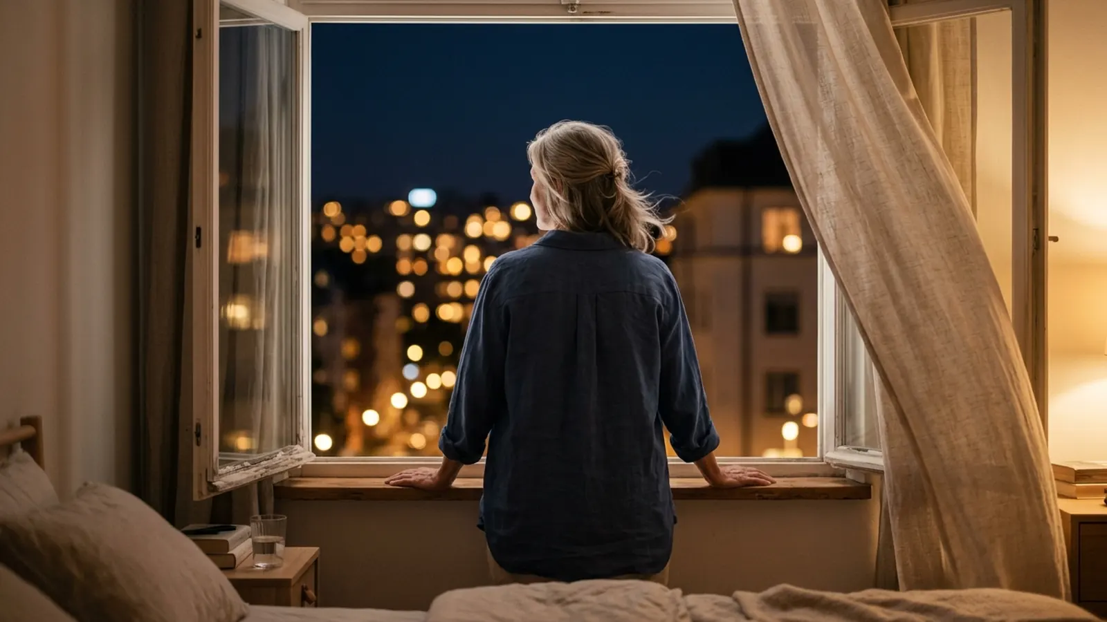 A woman seen from behind at an open window on a warm night, city lights beyond