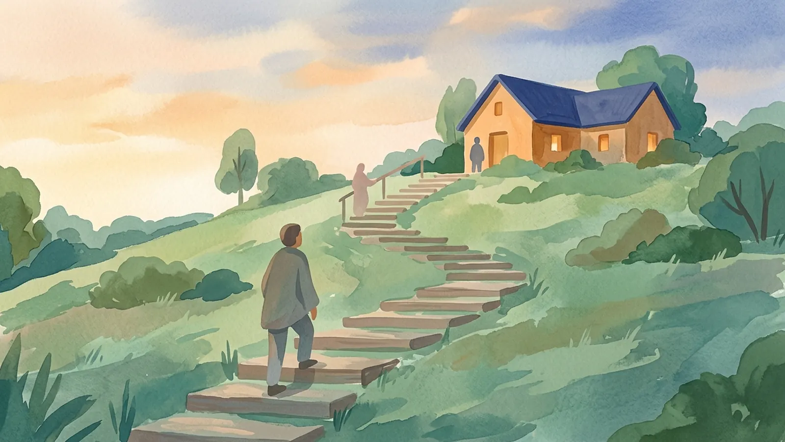Painting of gentle steps climbing a green hillside toward a small clinic