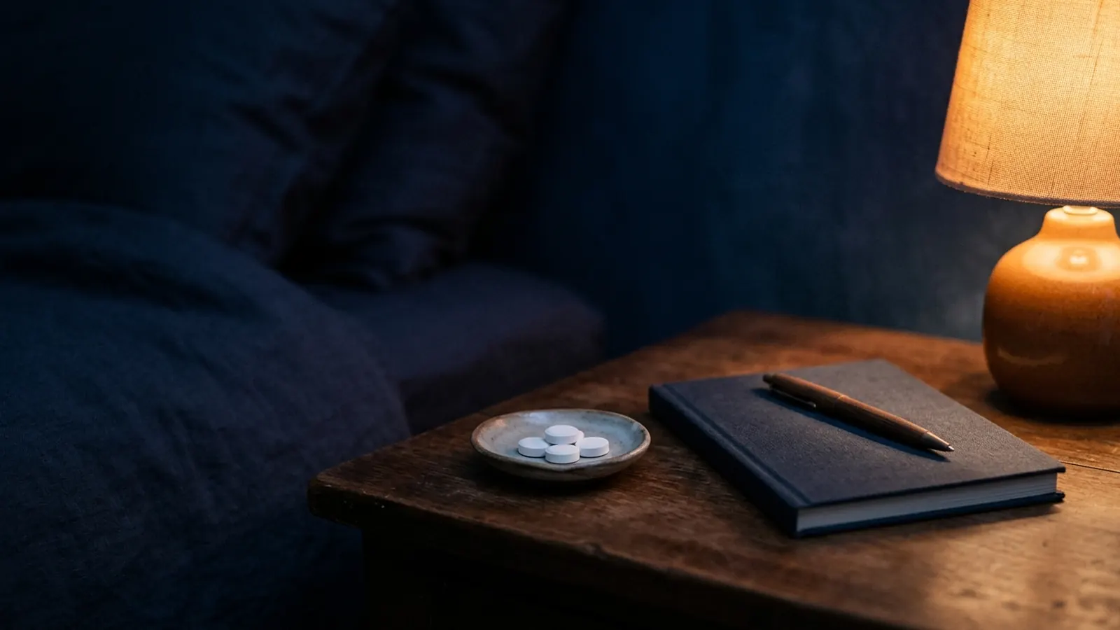 A few plain white tablets in a small dish beside a notebook on a lamplit bedside table