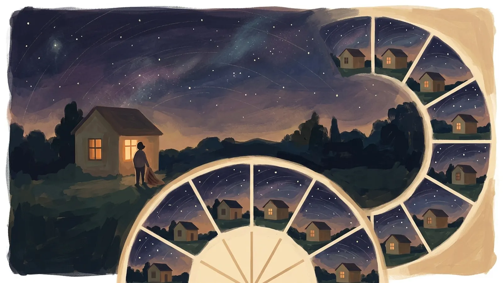 Painting of a small house with one lit window under a night sky, the scene repeating around a clock-like wheel