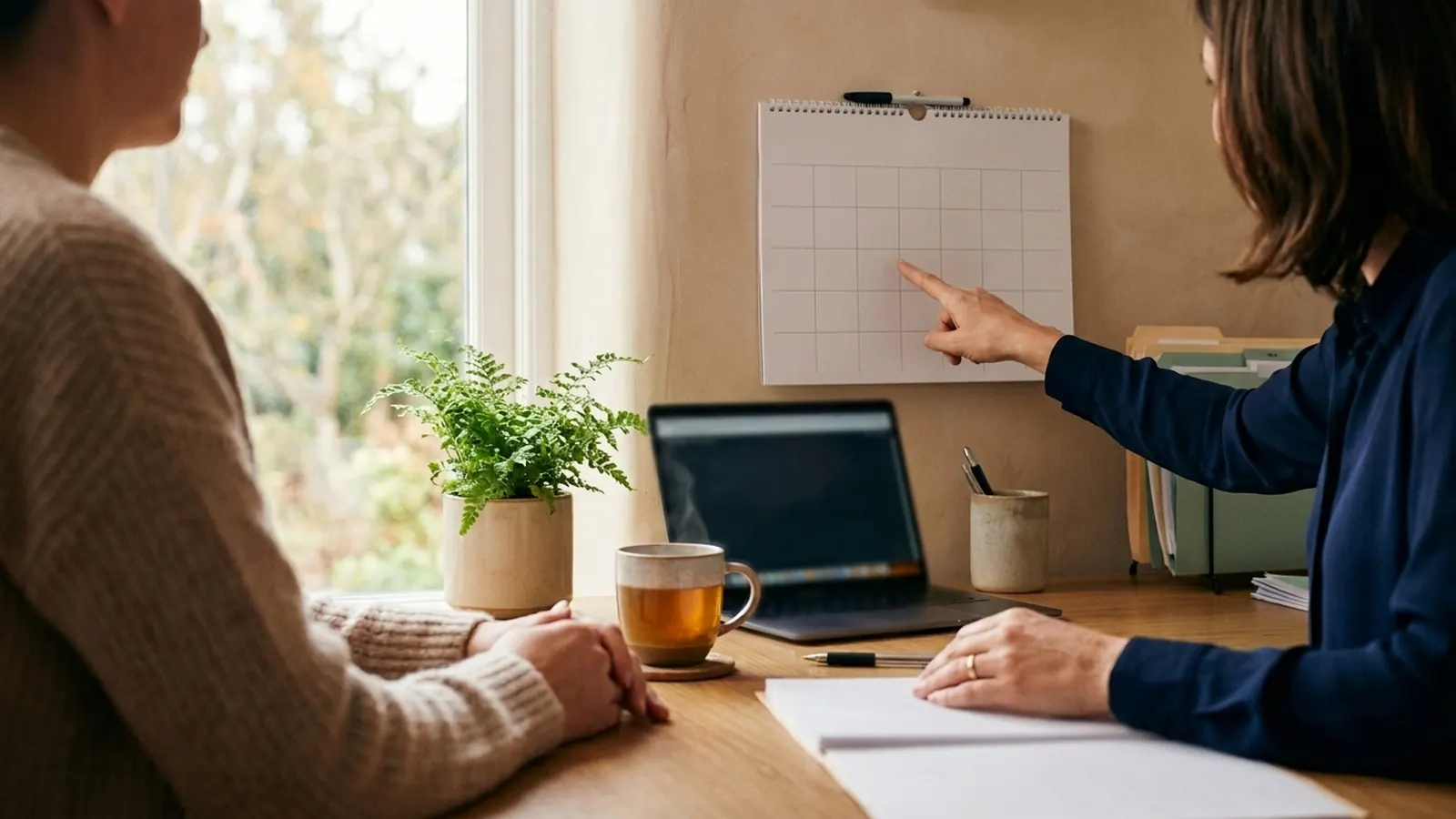 Two people at a desk in daylight, one pointing at a blank wall calendar, with tea and a laptop nearby