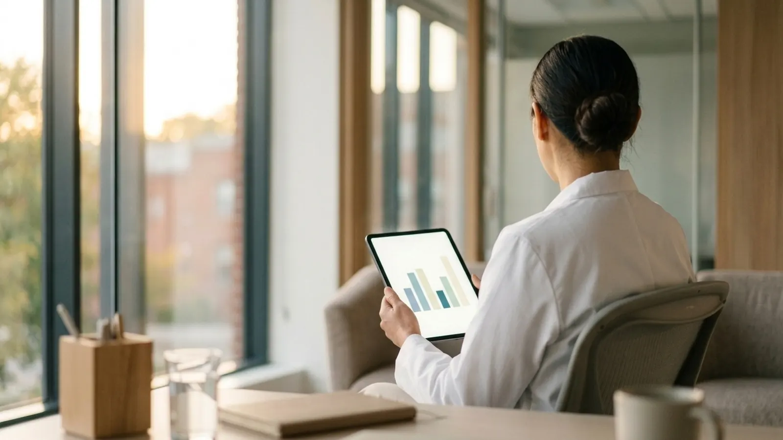 A clinician seen from behind reading a simple chart on a tablet in a bright clinic