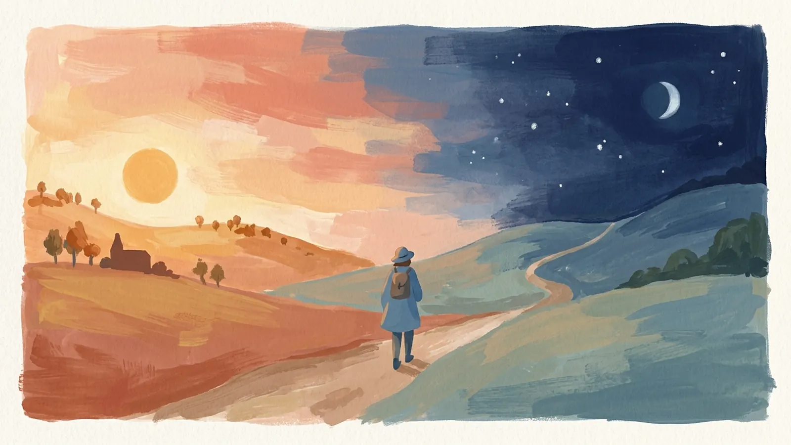 Painting of a landscape shading from a setting sun into a moonlit night, a walker on the path