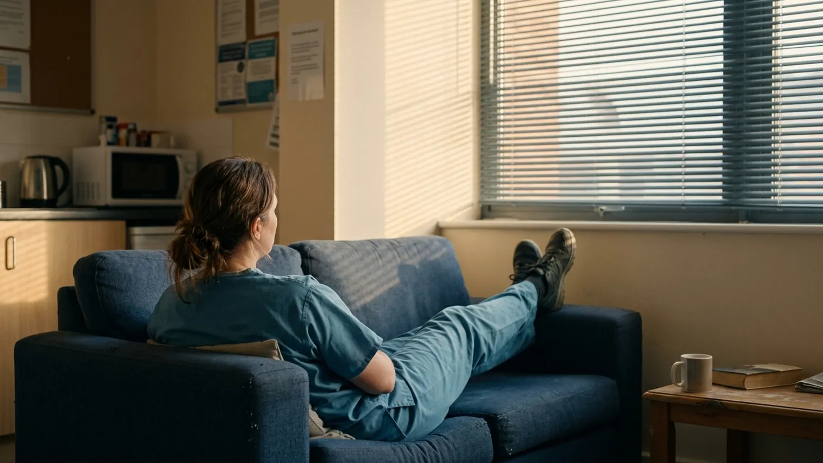 A health worker in scrubs resting with feet up on a break-room couch in late-afternoon light