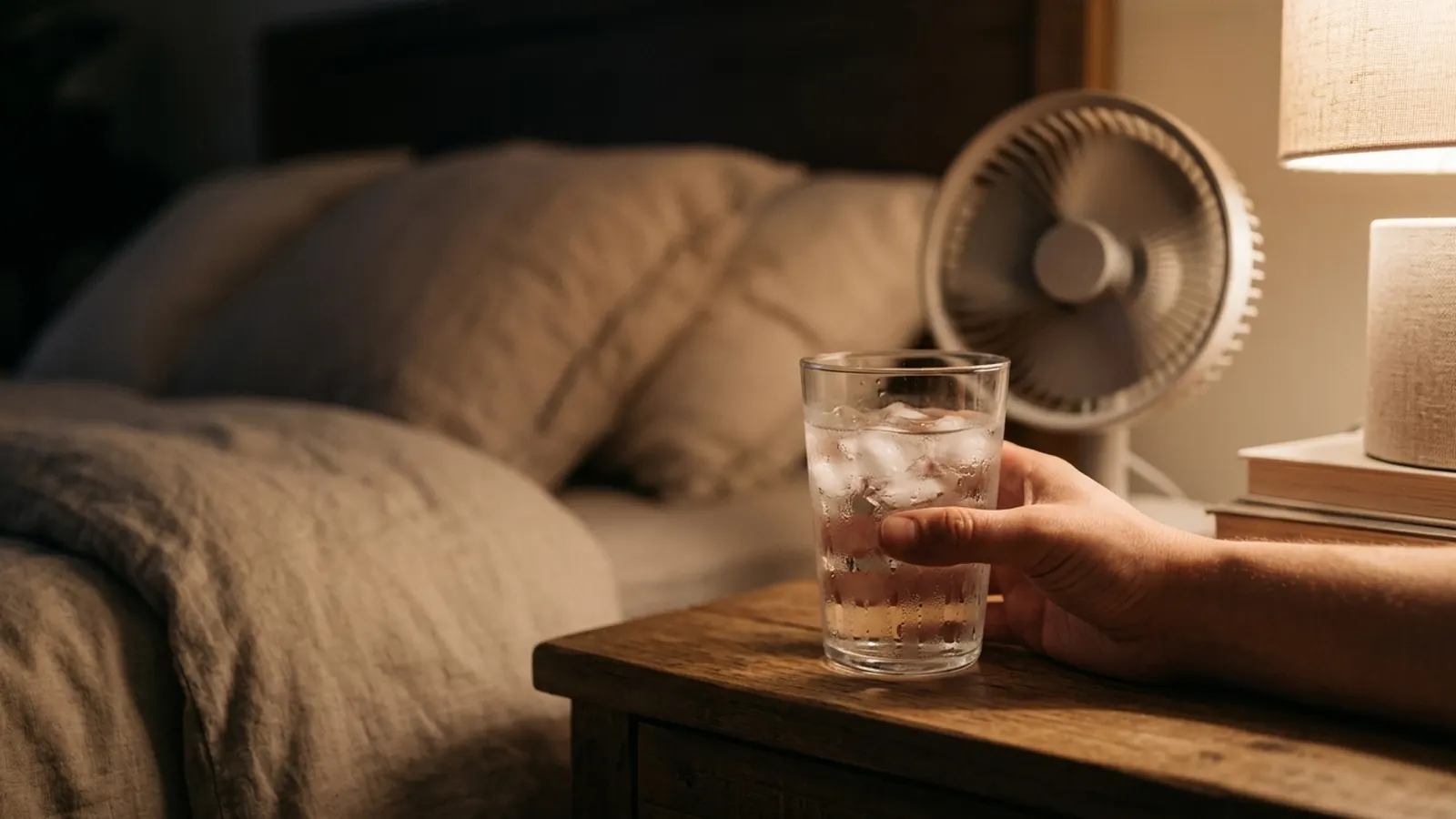 A hand holding a glass of iced water beside a bed, a small fan next to the lamp