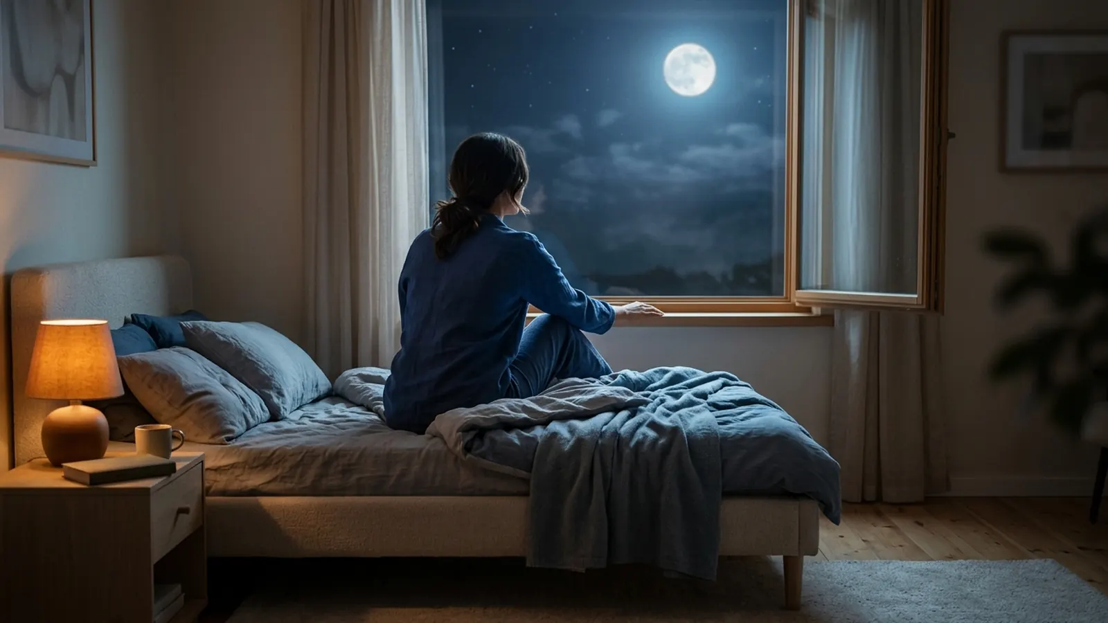 A woman seen from behind sitting on the edge of her bed, looking out at a full moon