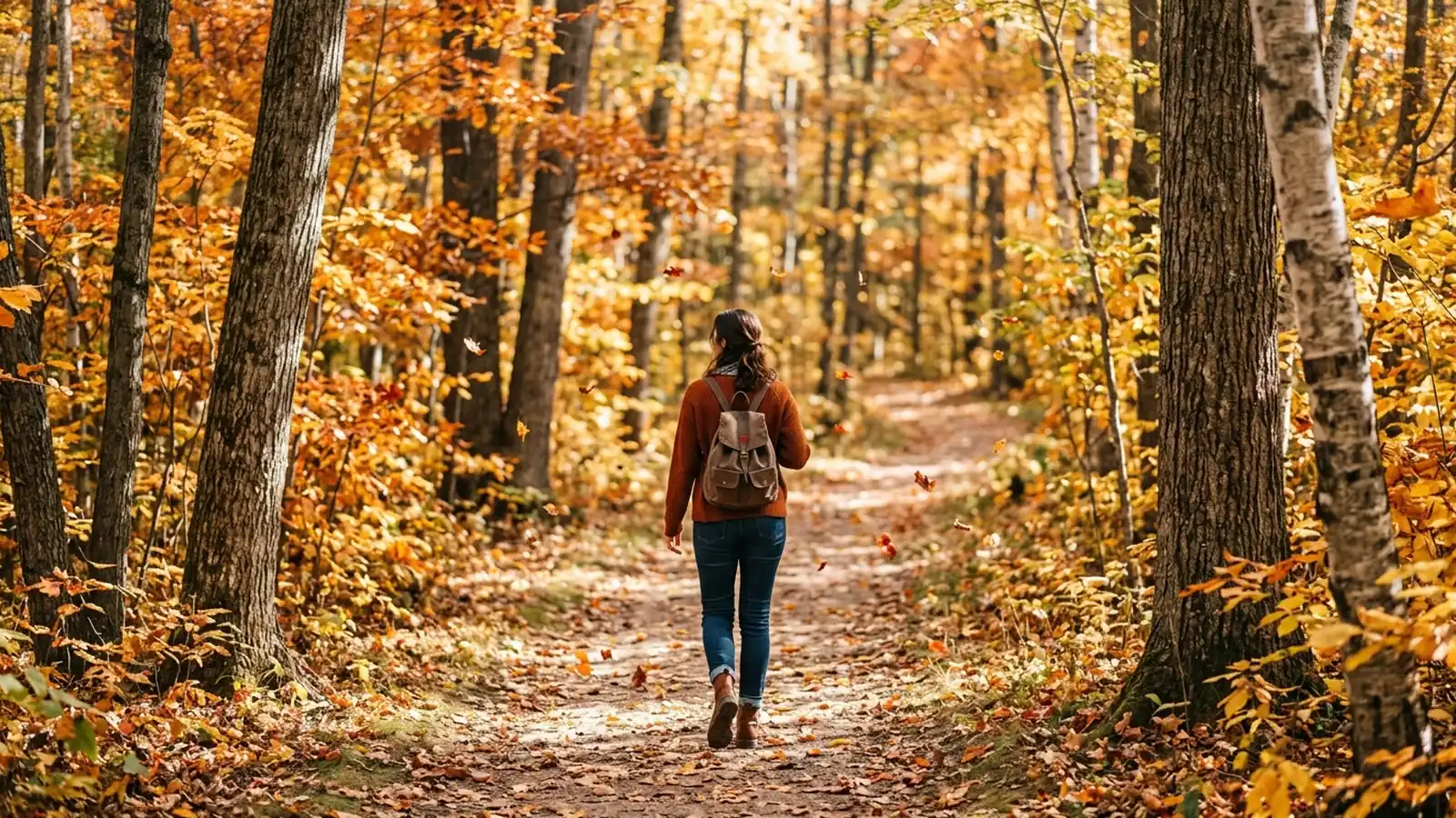 A woman walking away along a forest trail in bright autumn colour