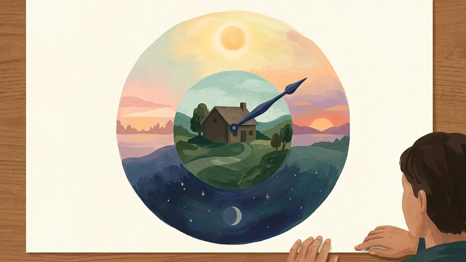Painting of a clock-like circle holding sunrise, day, sunset and night around a small house
