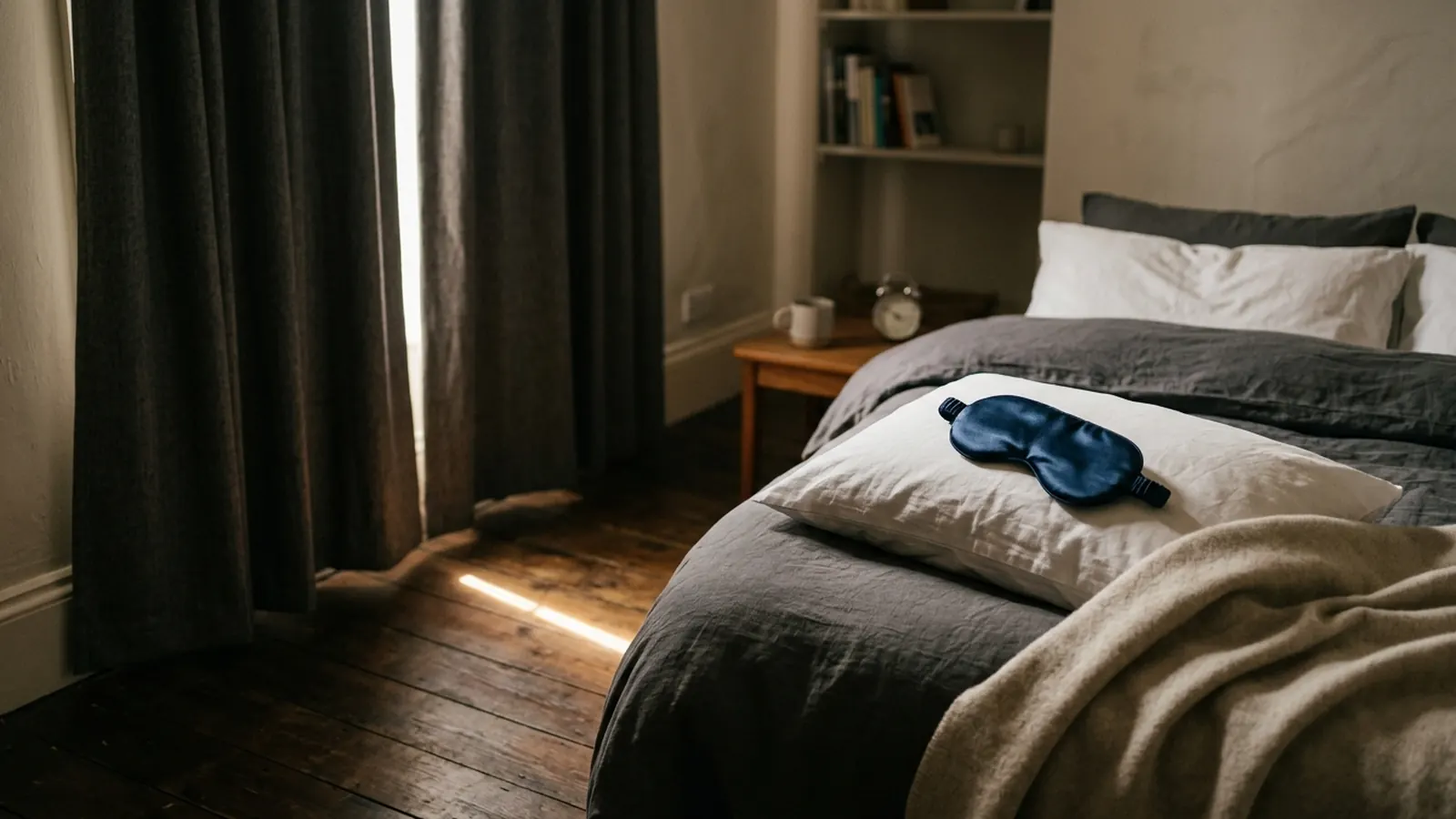 A bedroom with blackout curtains drawn in daytime, a blade of sunlight on the floor and an eye mask on the pillow