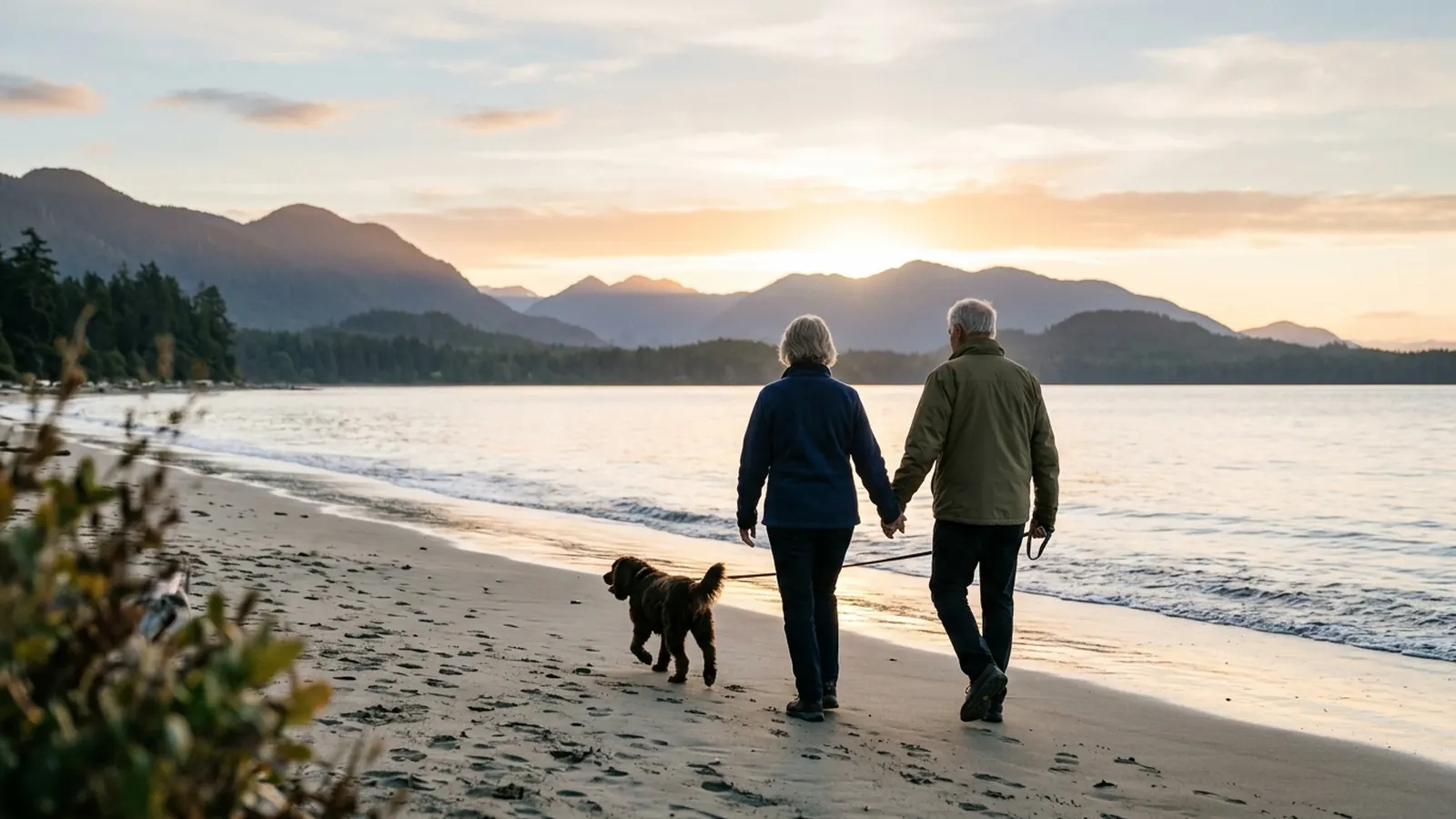 Two older people seen from behind walking a dog along a beach at sunrise, mountains across the water