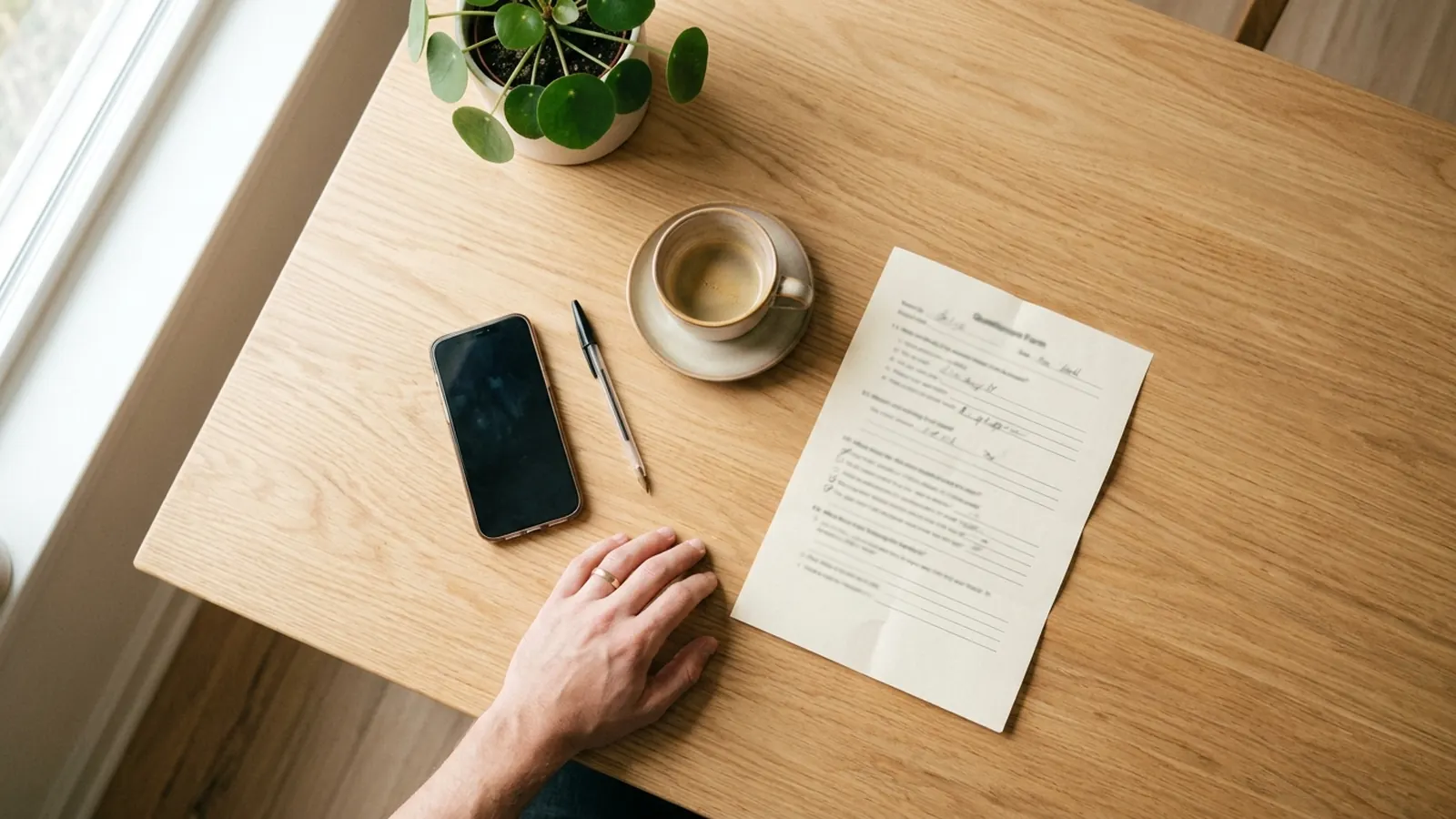 A daylit table with a paper form, a pen, a phone and a cup of coffee