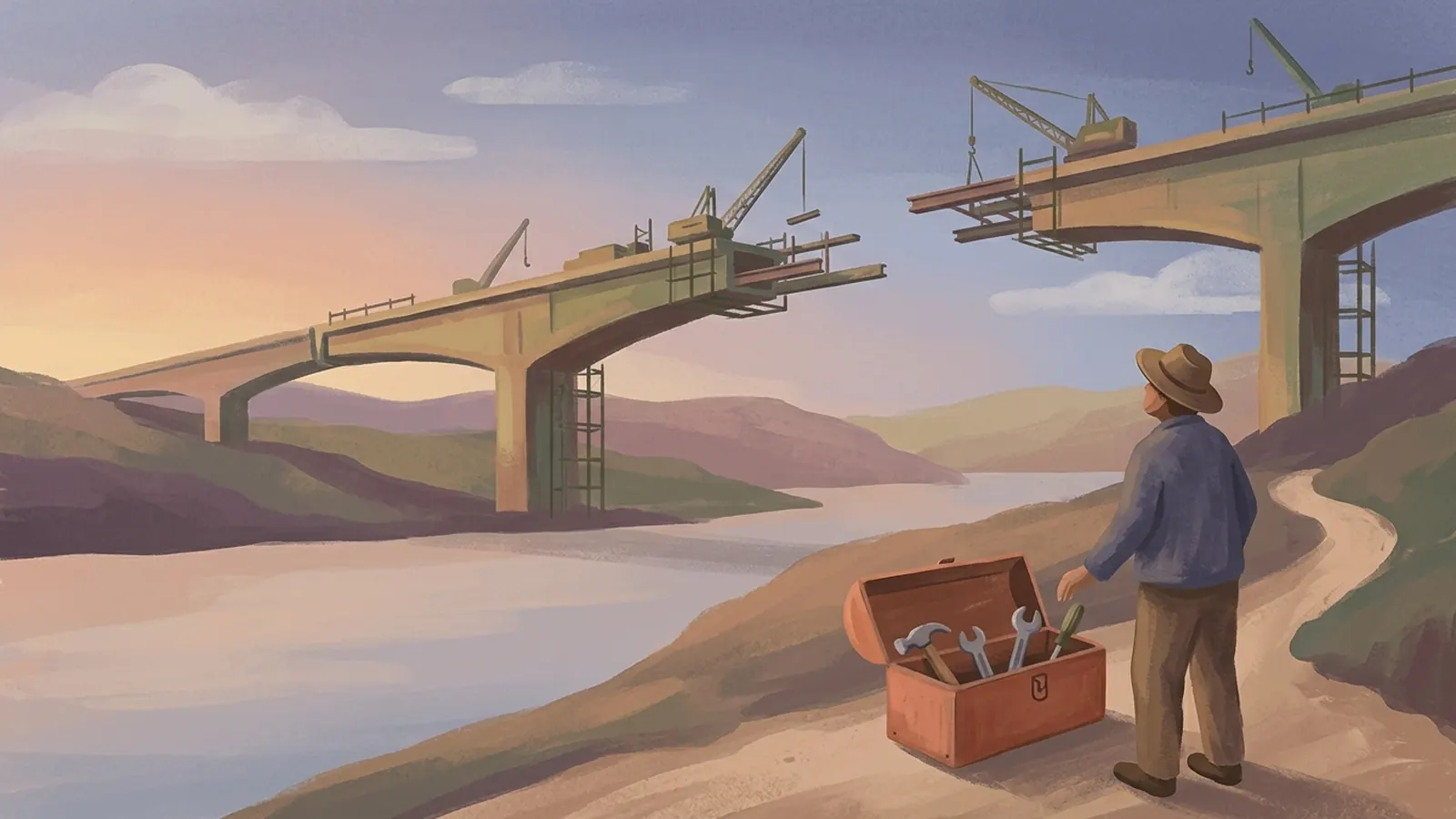 Painting of a person beside a small toolbox, looking at a large unfinished bridge