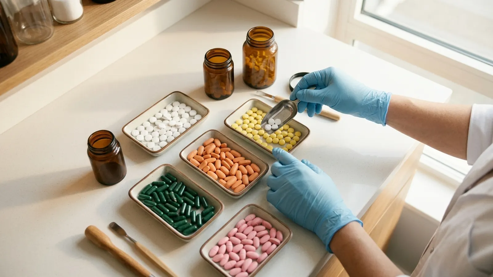 Gloved hands sorting several different kinds of tablets and capsules into separate small trays on a bright white counter