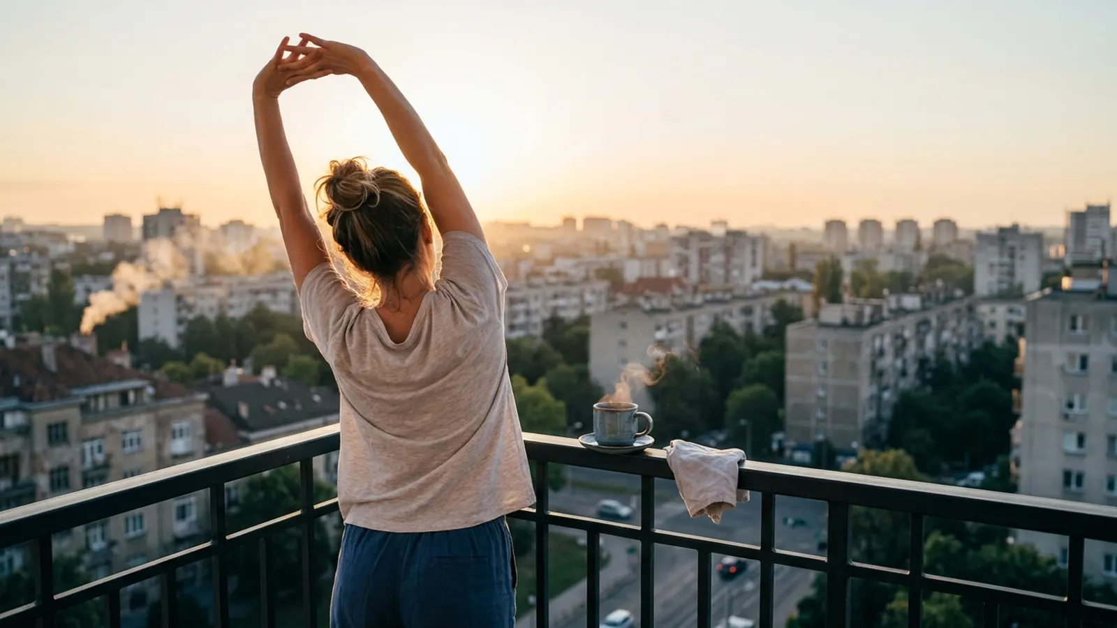 A person seen from behind stretching on a balcony in morning sun above a city