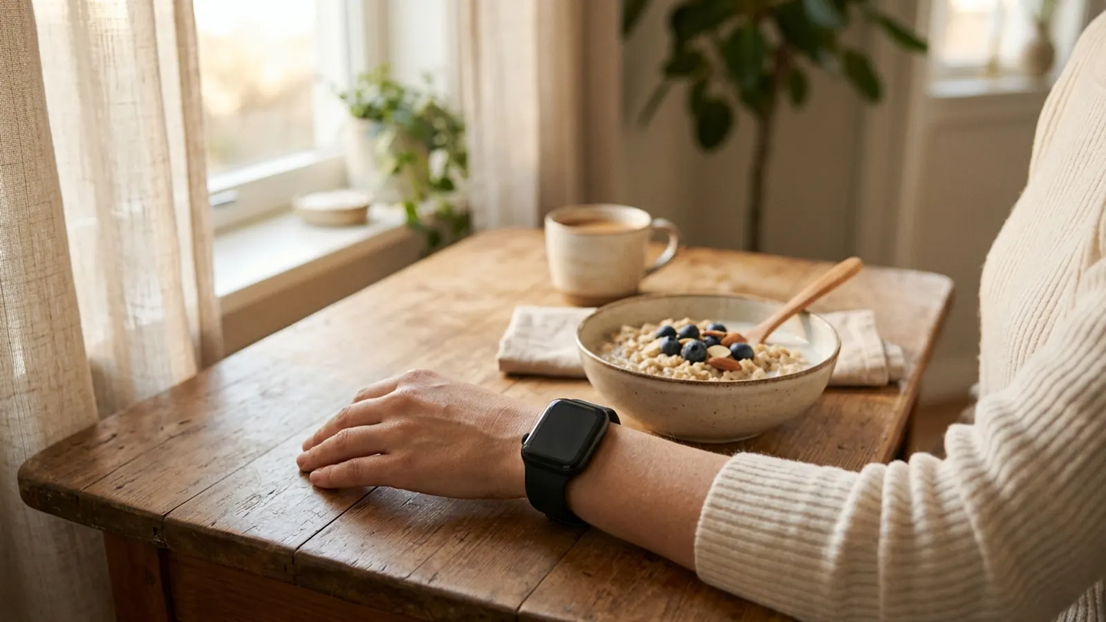 A wrist wearing a fitness watch beside a bowl of oats on a breakfast table