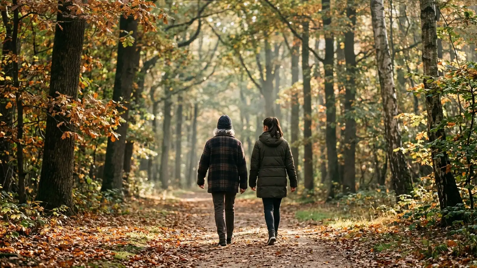 Two people seen from behind walking side by side along a forest path in autumn morning light, fallen leaves underfoot