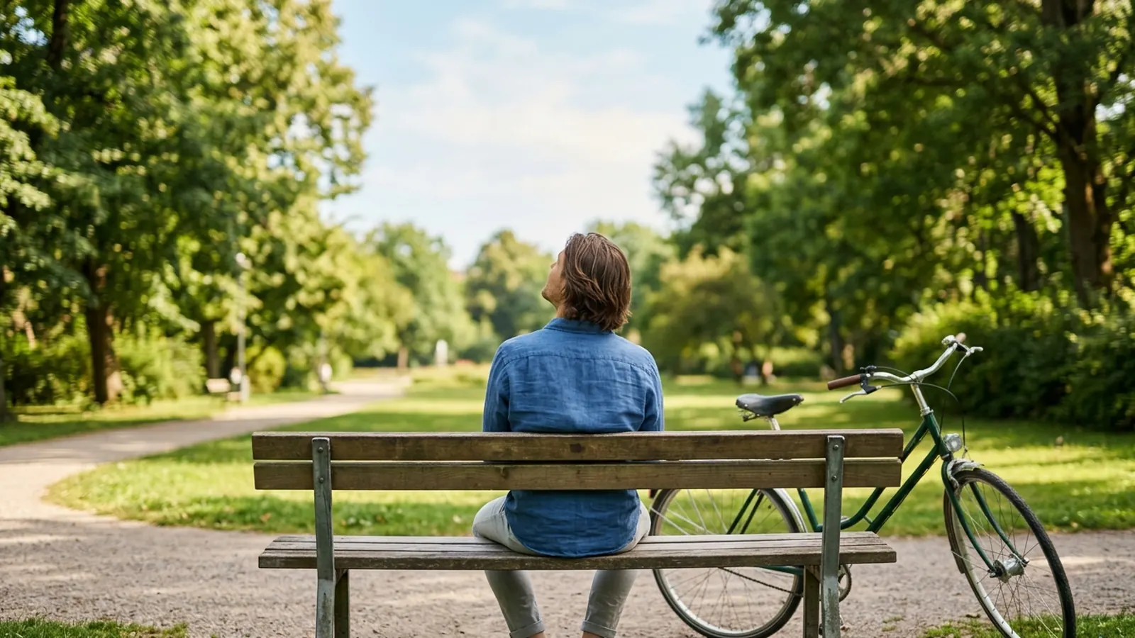A person seen from behind on a park bench on a bright summer afternoon, a bicycle beside them