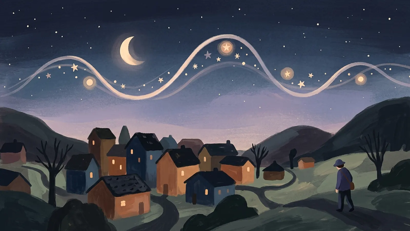 Painting of a gentle wave of stars and moon flowing above a sleeping village