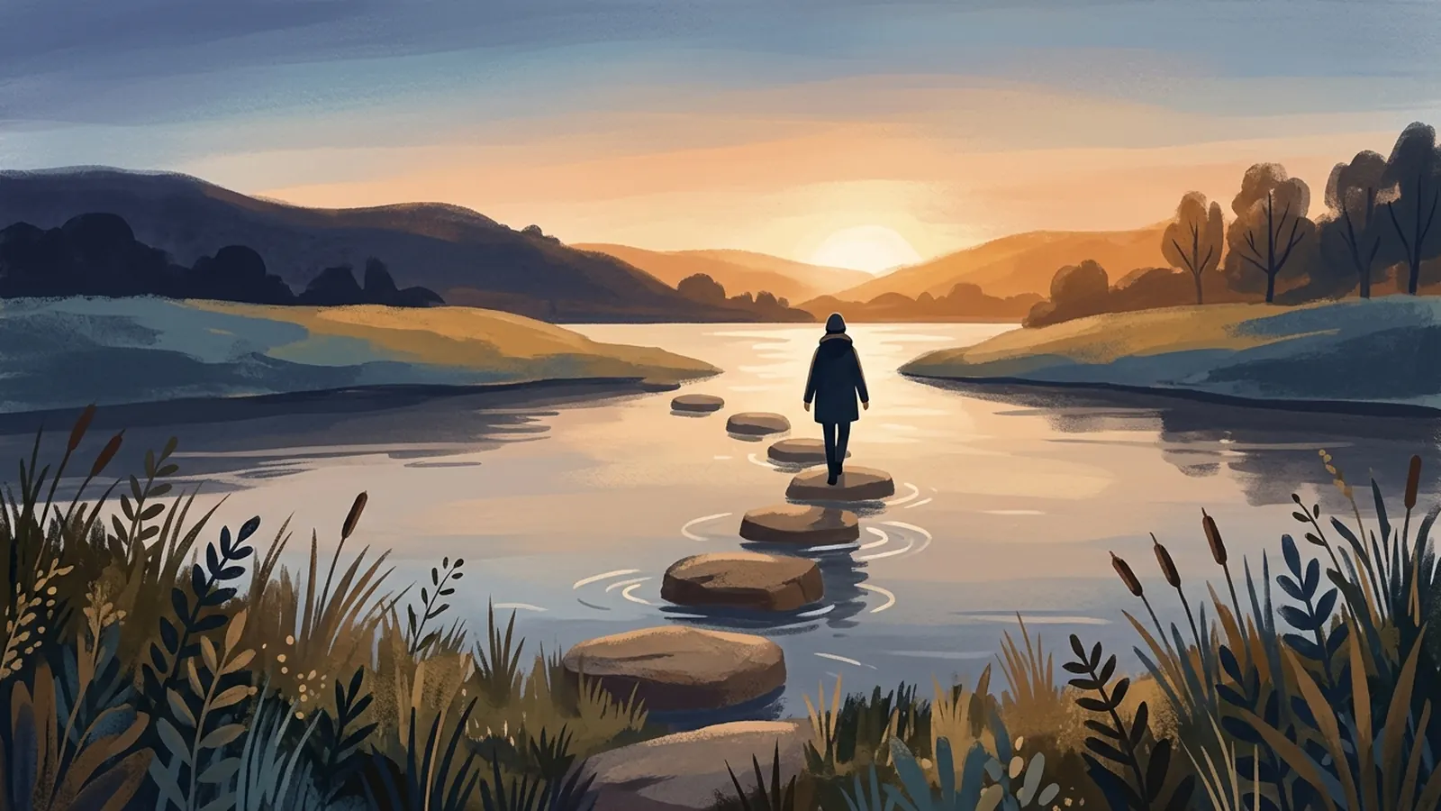 Painting of a person crossing a calm river on stepping stones toward a sunrise