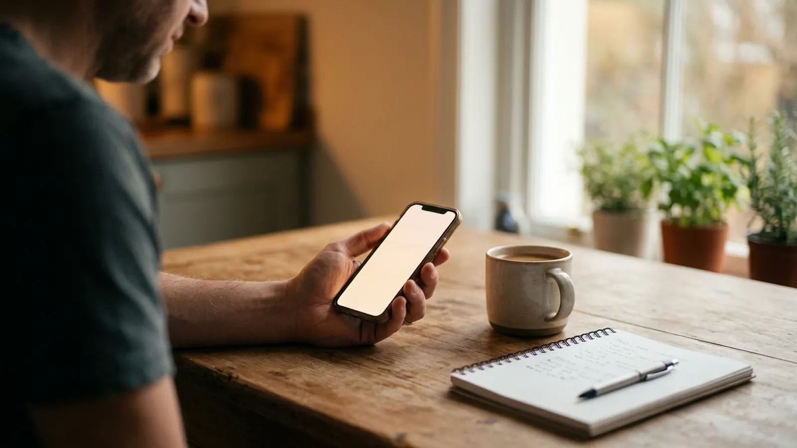 A hand holding a phone at a kitchen table at dawn, a mug and a notebook nearby