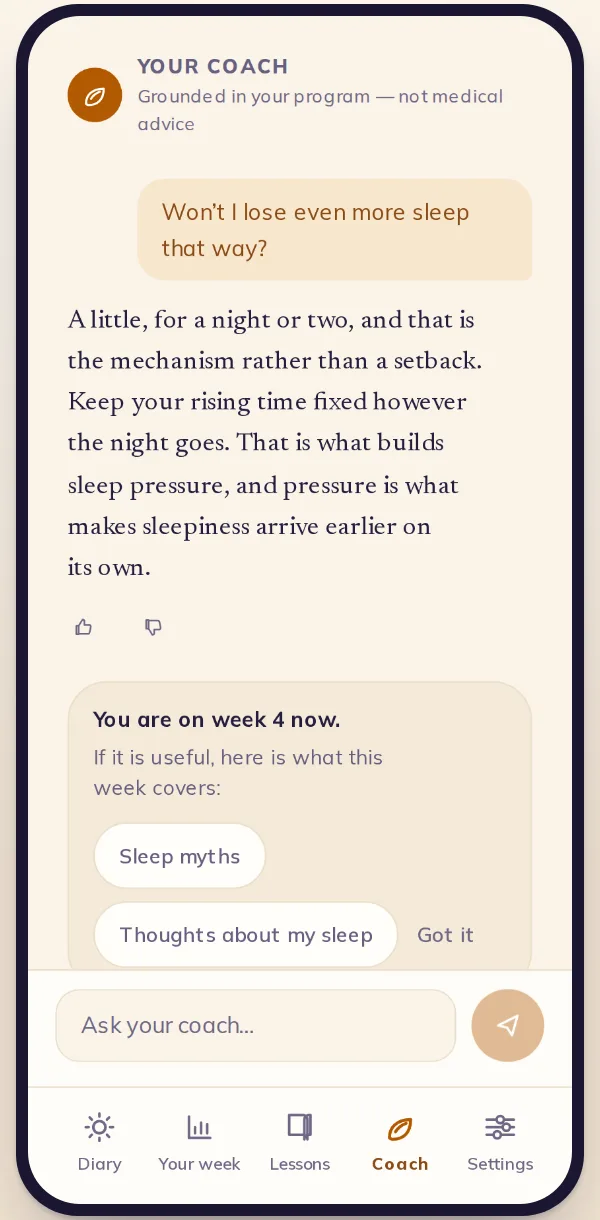 The coach screen on a phone: a patient's question and the coach's answer.