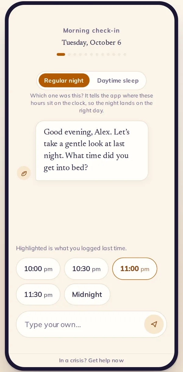 The morning check-in screen, asking about last night's sleep.