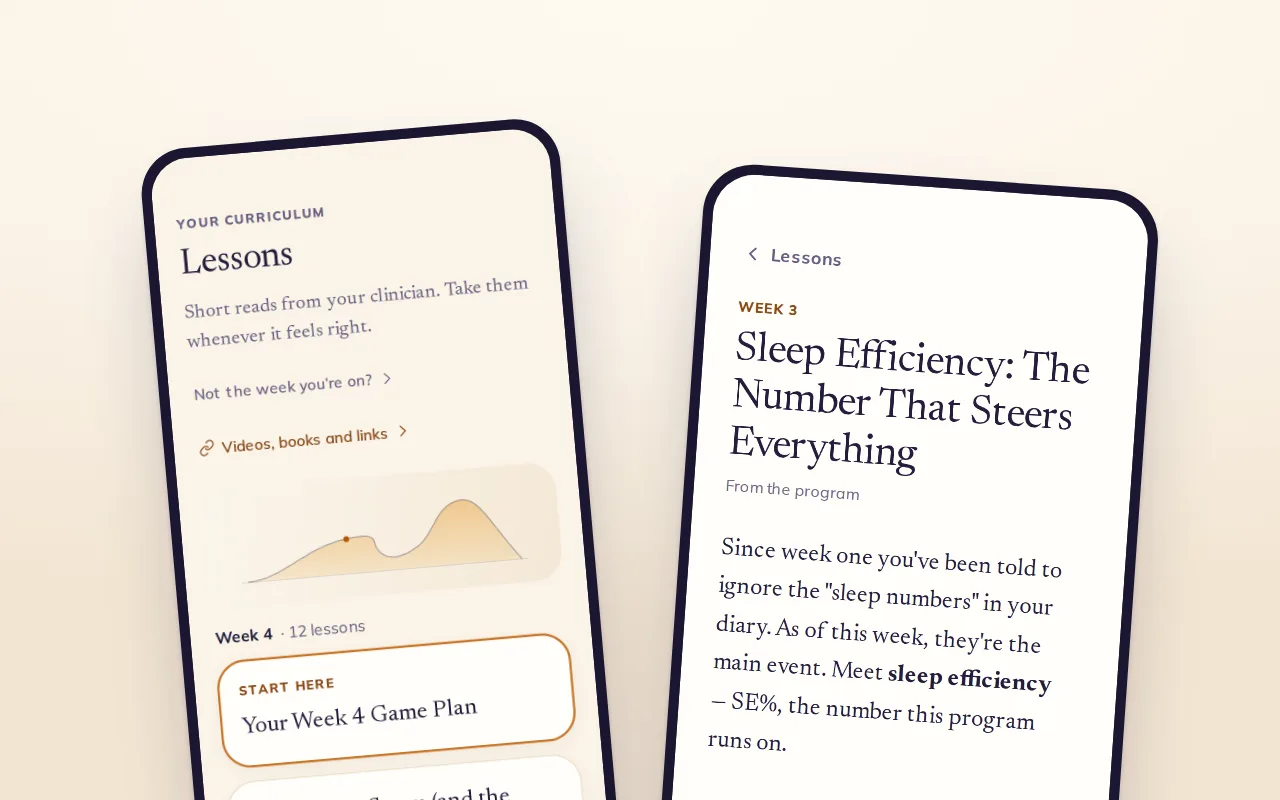Two phones: the list of this week's lessons, and an open lesson about sleep efficiency.