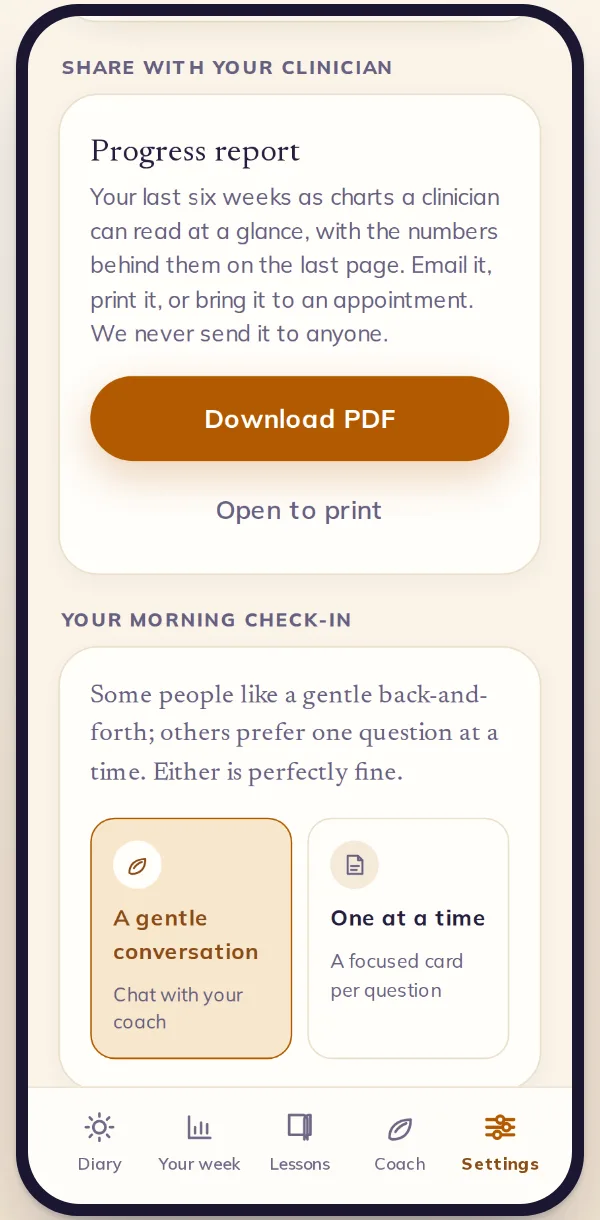 The progress report card in Settings, with a Download PDF button.