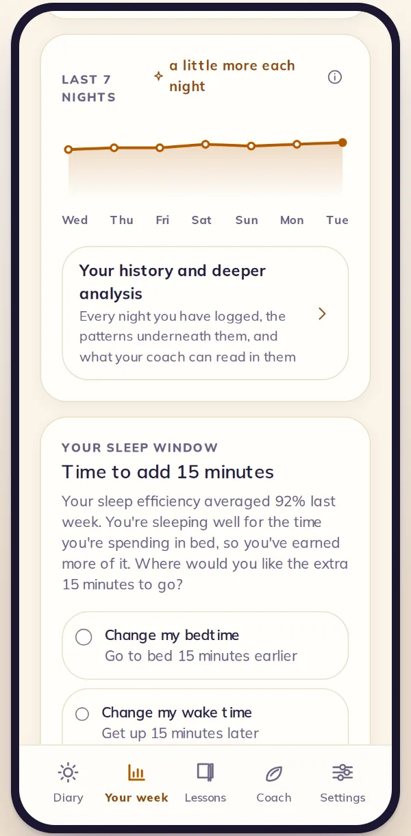 The weekly sleep window card, offering a choice between an earlier bedtime and a later wake time.