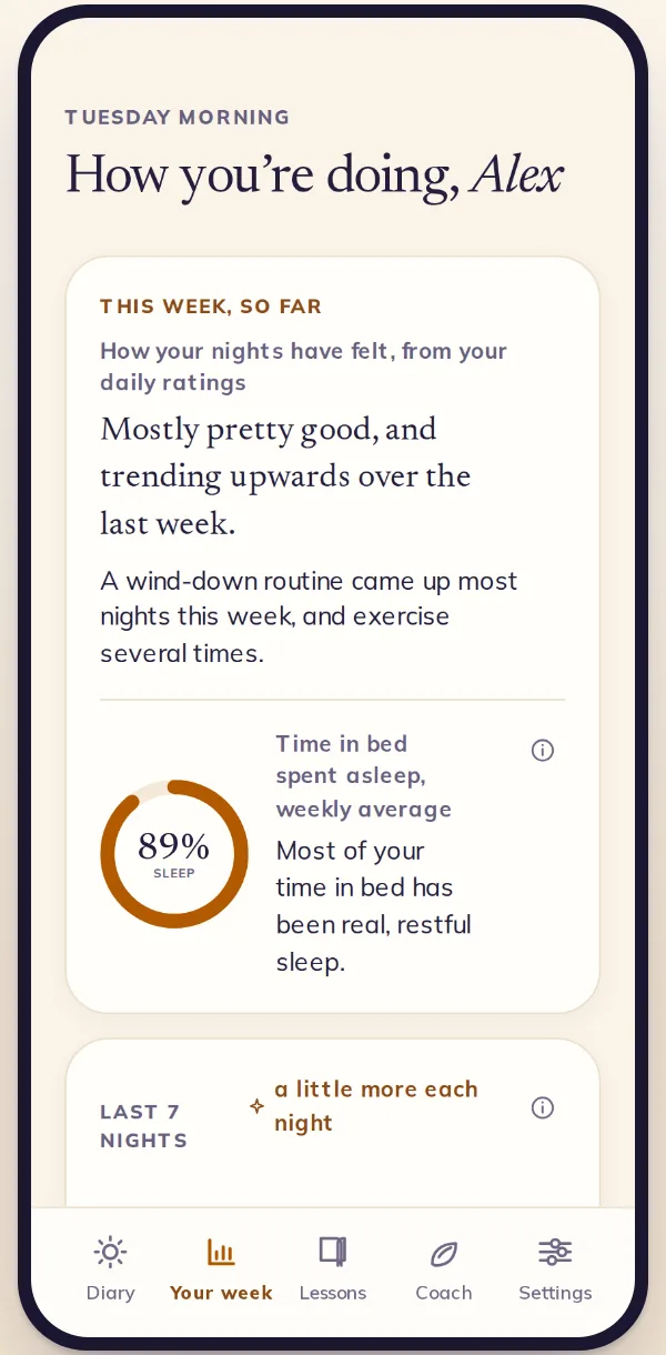The weekly summary screen, showing the last seven nights.
